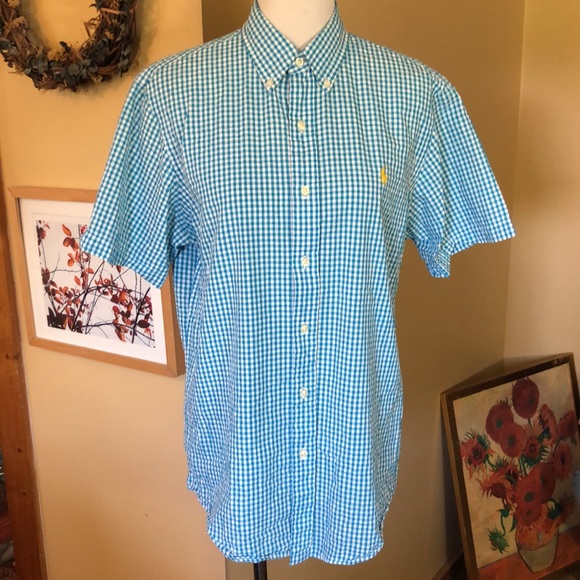 RALPH LAUREN Size Medium Checkered Print  Textured Fabric ButtonFront Collared - Picture 1 of 14